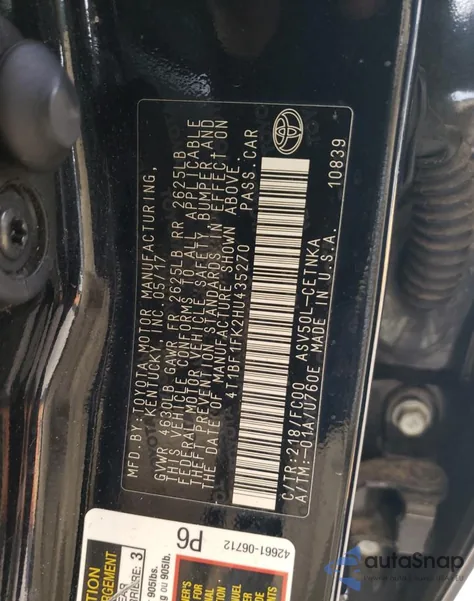 2017 Toyota Camry Le from USA, damaged, VIN 4T1BF1FK2HU435270